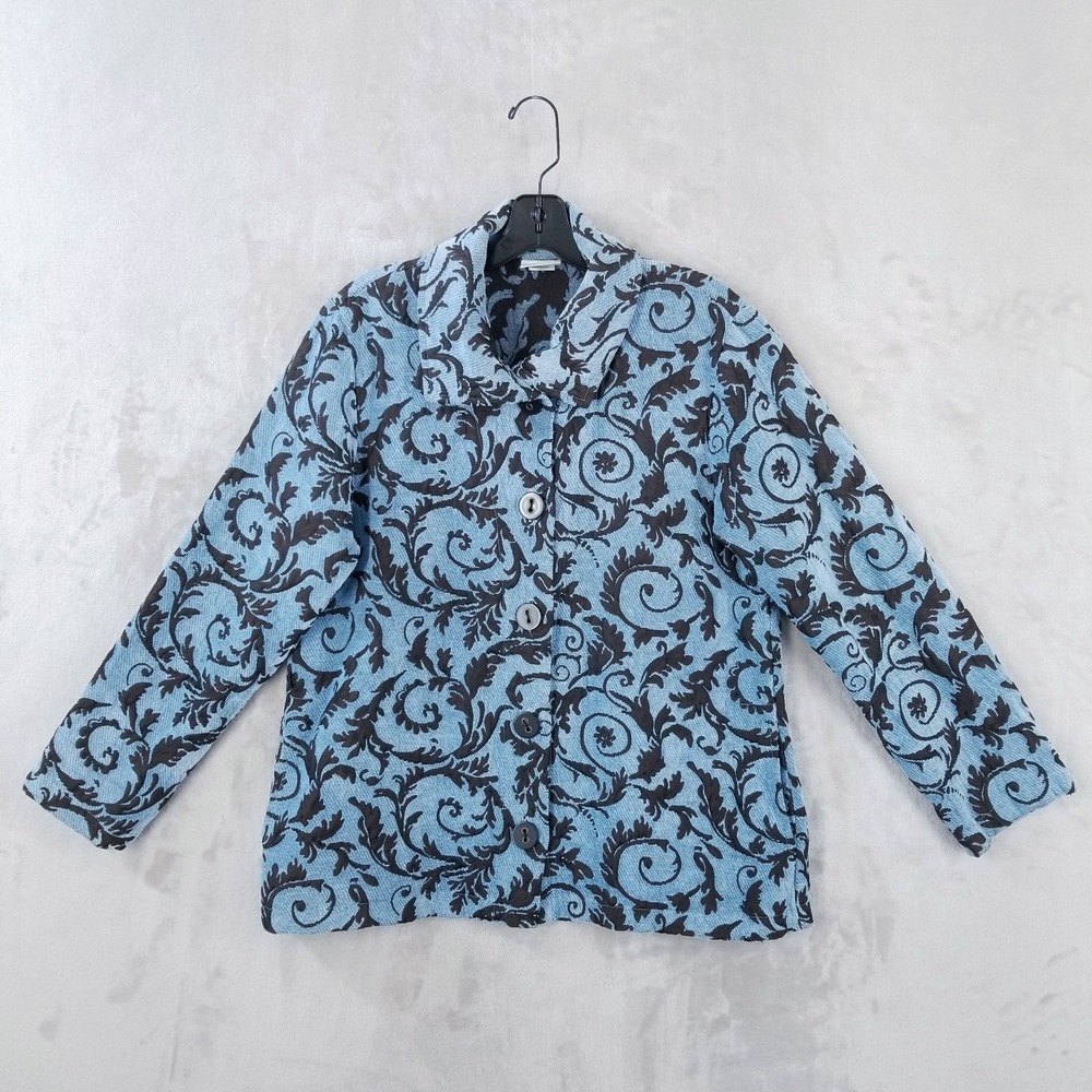 Habitat Jacket Women Small Blue Chenille Jacquard Pockets Button Front Artsy